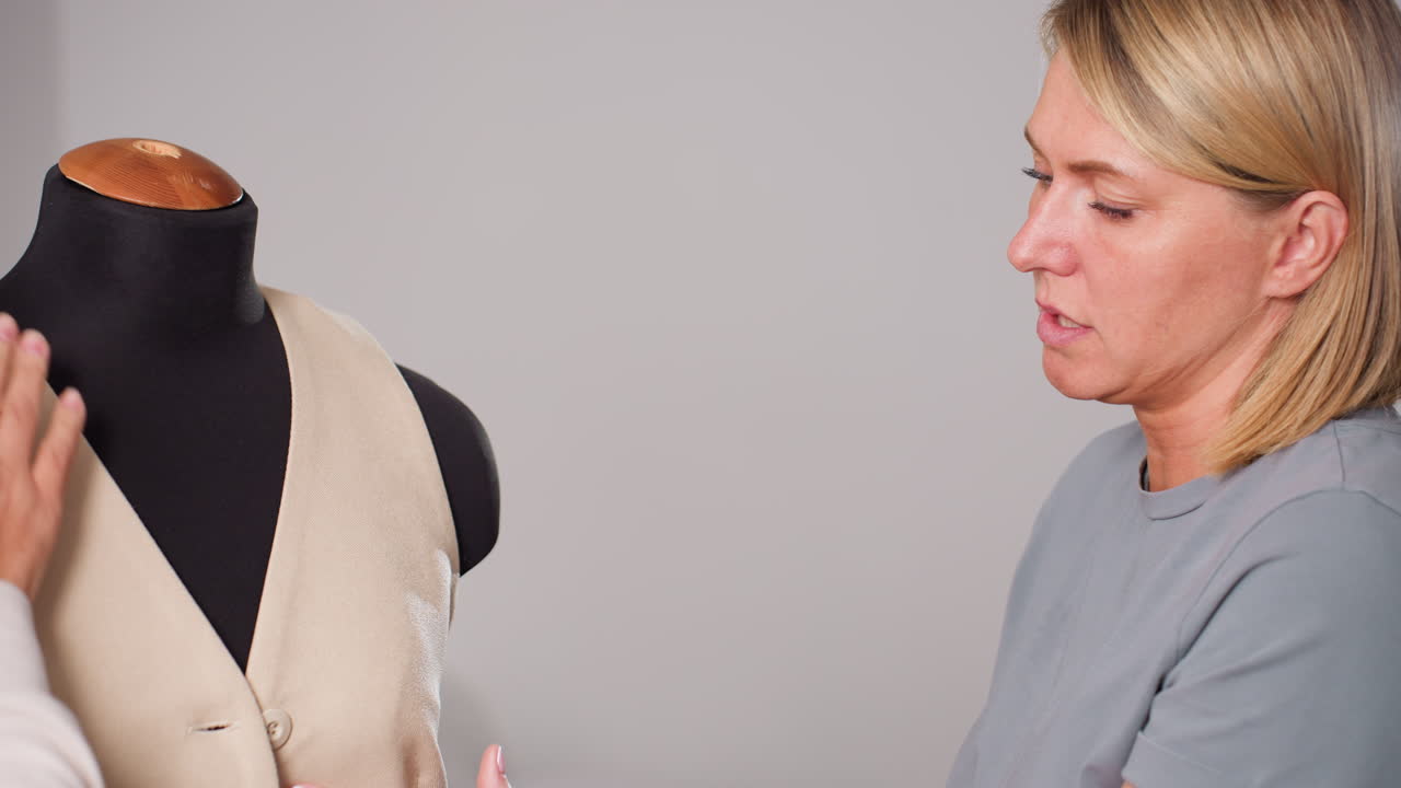 Dress maker gently smooths beige waistcoat neckline on black mannequin while explaining fit details to colleague, assessing fabric drape, button alignment, seam precision inside minimalist studio