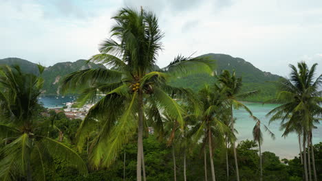 Vista-Panorámica-Aérea-Que-Muestra-El-Paisaje-Tropical-Con-La-Bahía-De-Koh-Phi-Phi-Durante-El-Día-Nublado