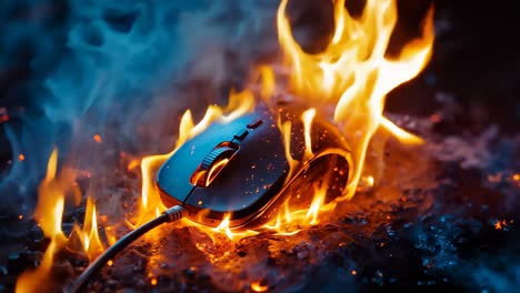 a computer mouse on fire with a cord attached to it