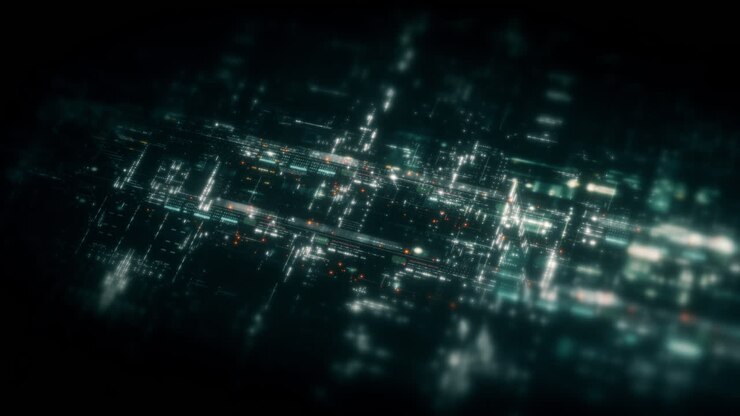 Movimento astratto di particelle con colori vivaci, particelle digitali in movimento, VR, fantascienza futuristica, innovazione tecnologica e sfondo immersivo di cyberspazio