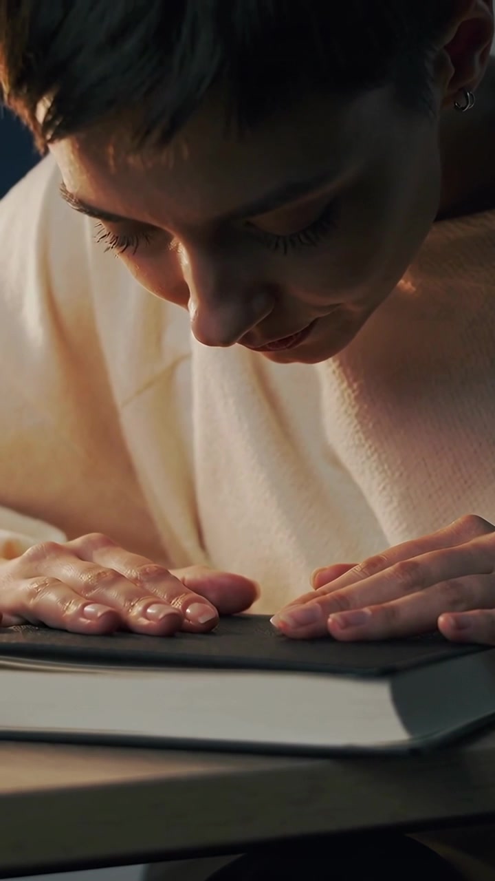 Vídeo vertical: Mulher colocando as mãos no livro, inclinada, traçando a capa na mesa, com blusa solta, inspecionando.