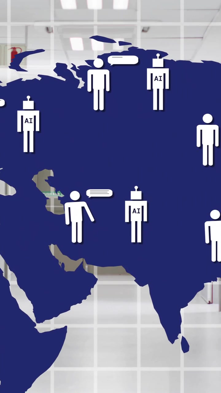 World map with human icons animation over office hallway background