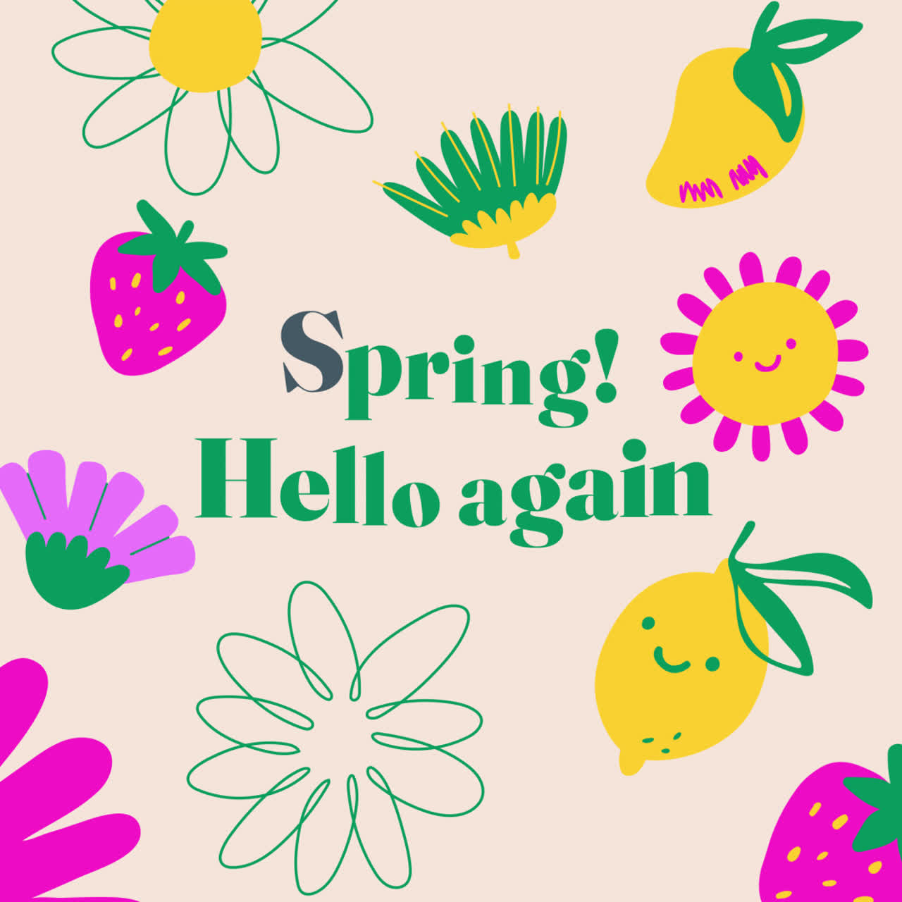 귀여운 과일 과 꽃 을 가진 봄 인사 카드