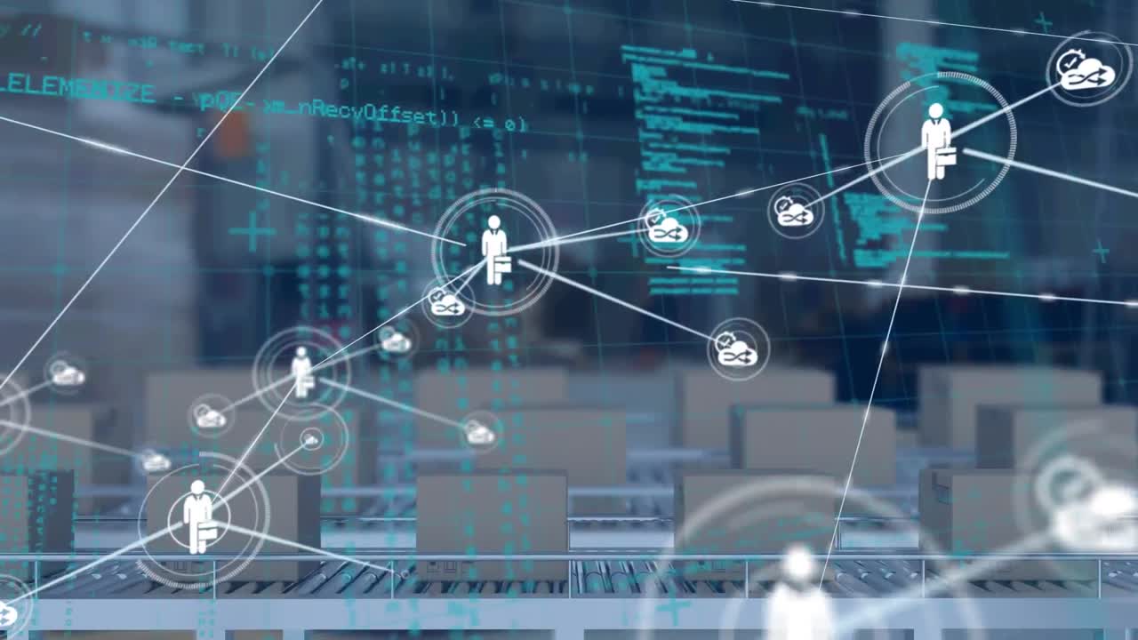 Network of digital icons and data processing against delivery boxes in conveyer belt