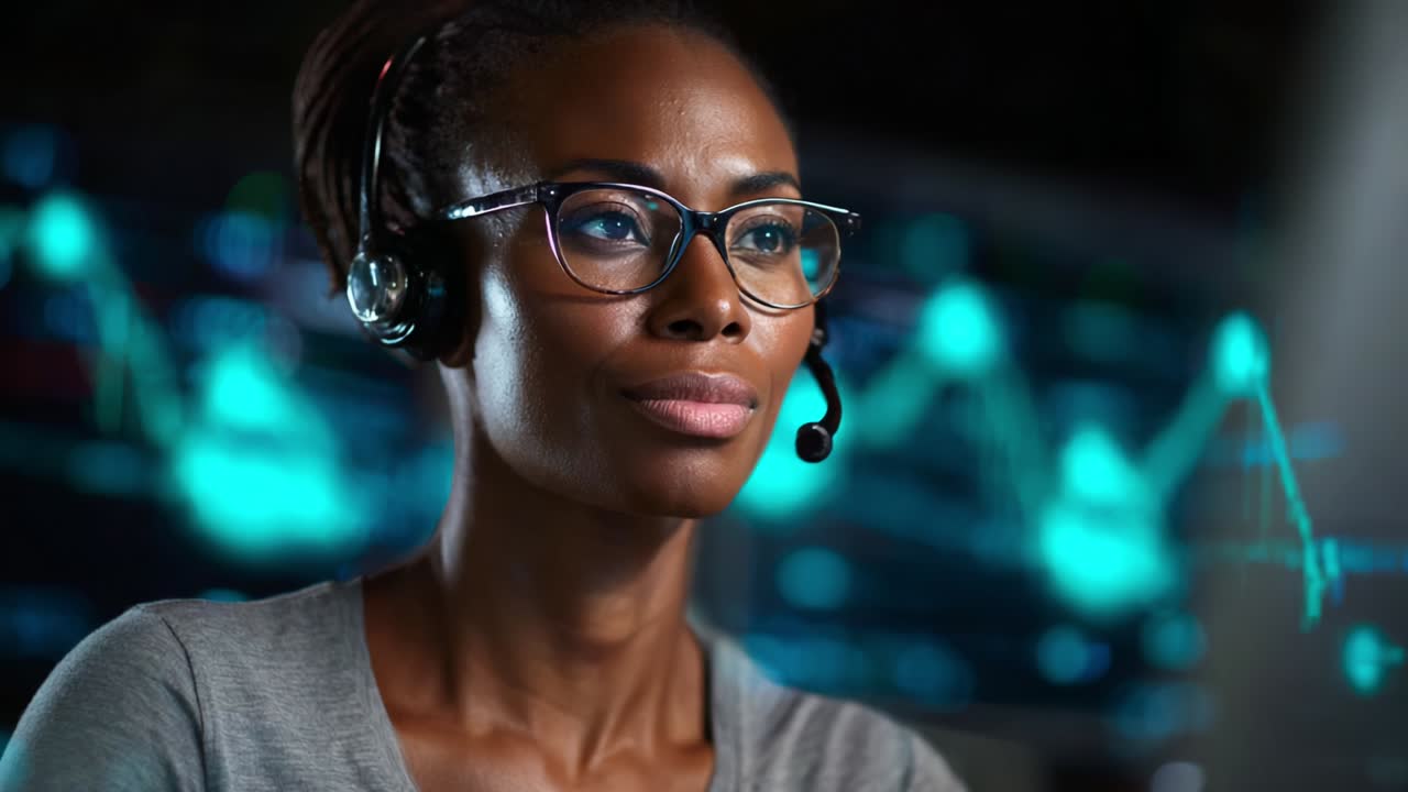 Focused professional with headset in a high-tech environment, analyzing data on screens, showcasing concentration and expertise in a digital workspace that embodies multitasking and modern communication