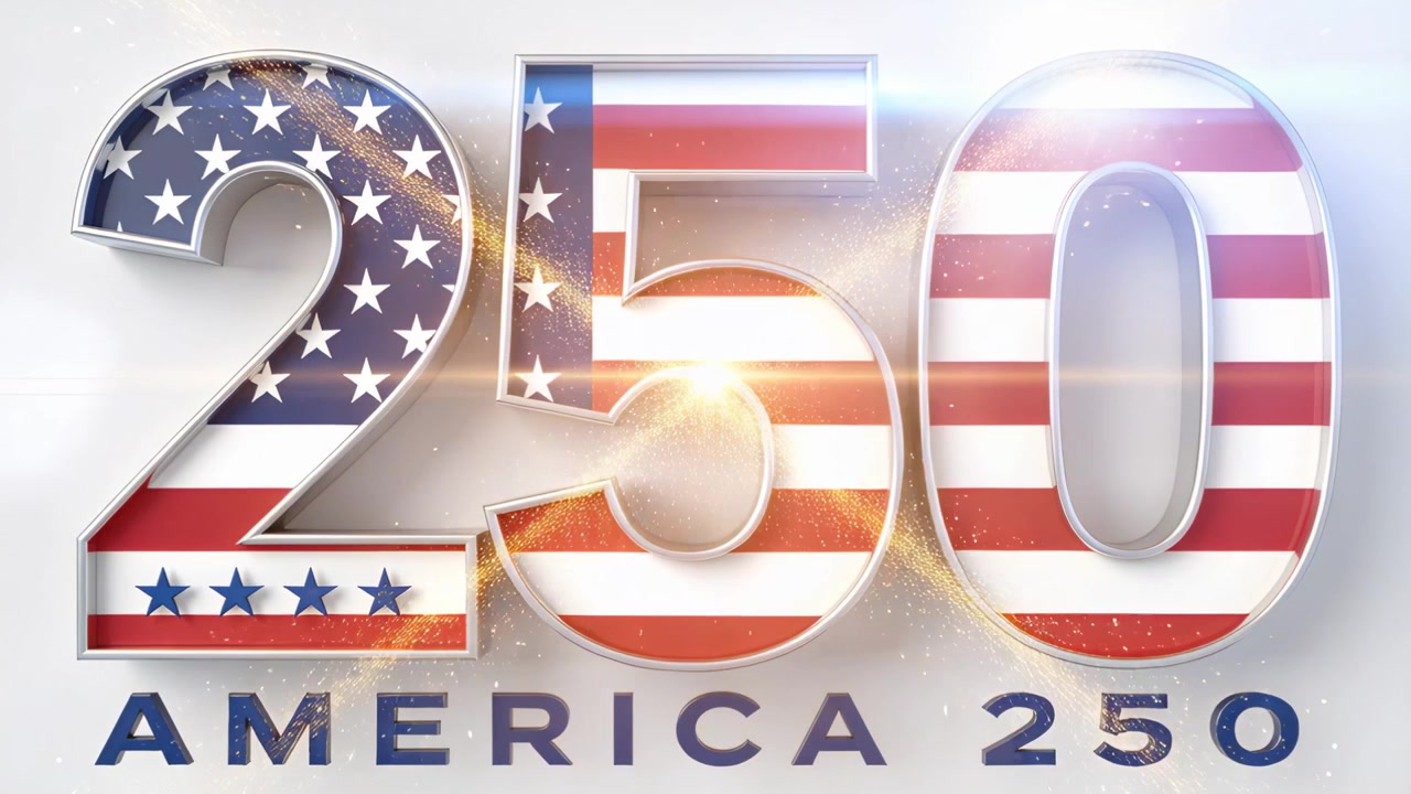 Plano inicial mostrando o emblema 3D 250 cintilando em um fundo branco, destacando a marca nominativa AMERICA 250.