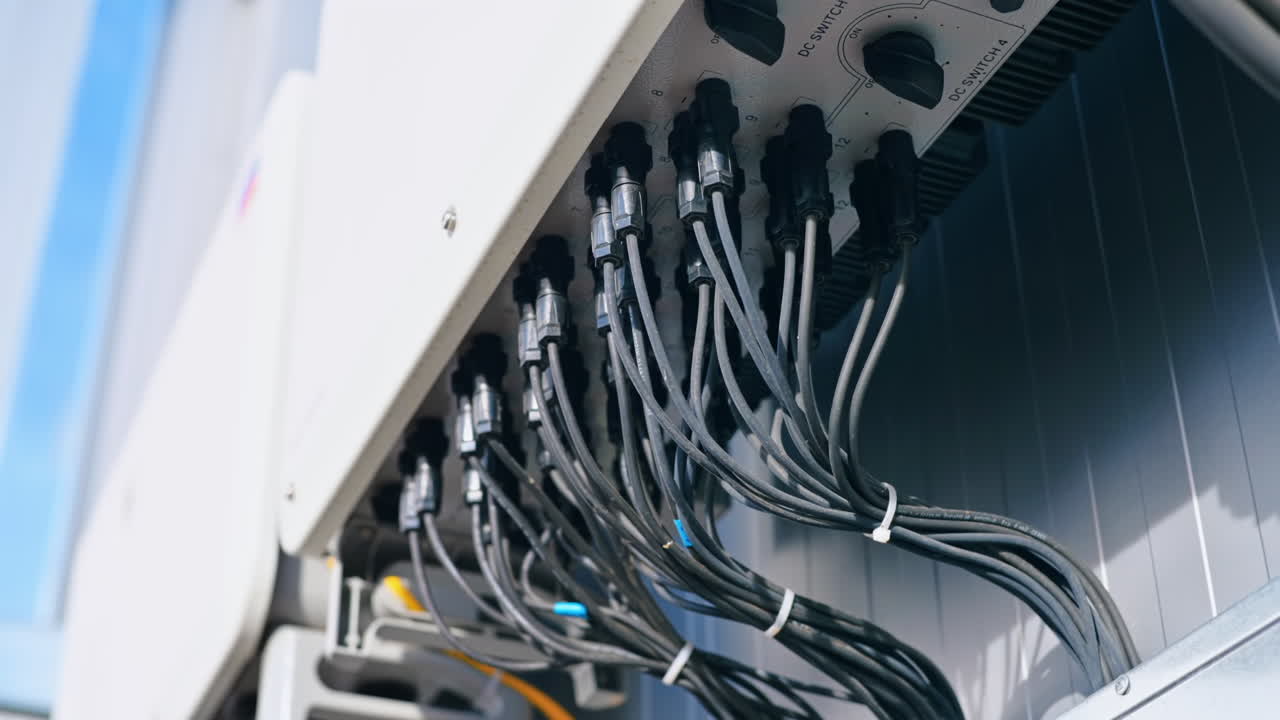 Close view of supporting systems for solar panels located on a manufacturing building , lots of connected wires. Ecology thematics