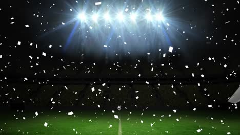 Animation-of-white-confetti-falling-over-football-breaking-through-glass-wall-at-sports-stadium