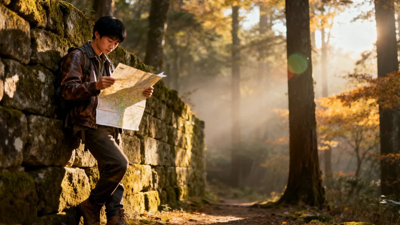 Pausing hiker by mossy wall consulting map on trail, finding route, in brown jacket with backpack