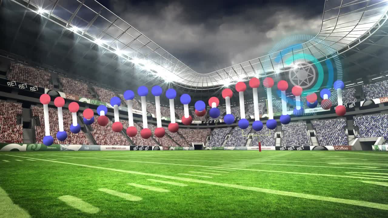 animación de la cadena de adn que gira sobre el campo de hierba en un estadio deportivo