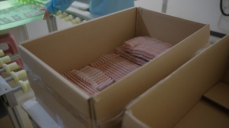 A worker is placing products in boxes as they come off the production line