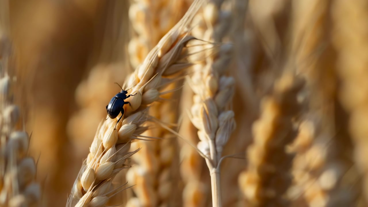 Makrovy av en mörk glänsande skalbagge som klättrar på den nedre delen av ett moget veteax på ett solbelyst gyllene fält. Grunt skärpedjup isolerar insekten.