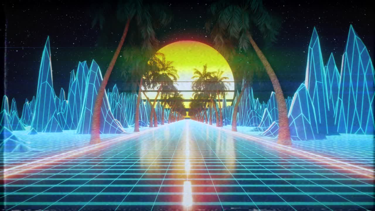 80년대의 레트로 퓨처리즘 sf 시리스 루프, 레트로 웨이브 vj 비디오 게임 풍경, 네온 조명 및 낮은 폴리 지형 그리드, 산, 태양 및 별과 함께 스타일화 된 빈티지 vaporwave 3d 애니메이션 배경.