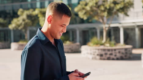 Businessman,-walking-and-phone-call-in-urban-city