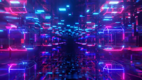 túnel de ciencia ficción de neón de alta tecnología. líneas de brillo de neón a la moda forman patrones y construcción en túnel de espejo. volar a través del ciberespacio tecnológico. fondo de juventud brillante de 4k sin costuras en bucle 3d. habitación de alta tecnología