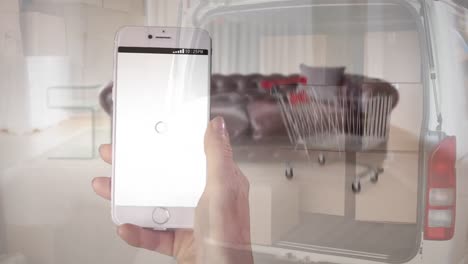 Animation-of-a-hand-holding-a-smartphone-and-making-online-shopping