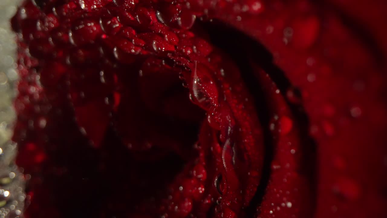 Close Up Shot Of A Wet Red Rose With Water Droplets From Rain On Vibrant Coloured Petals.