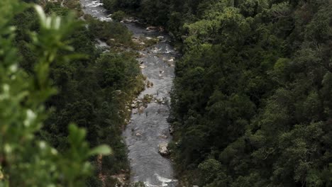 Toma-Estática-De-Un-Río-Con-Hojas-En-El-Forgound