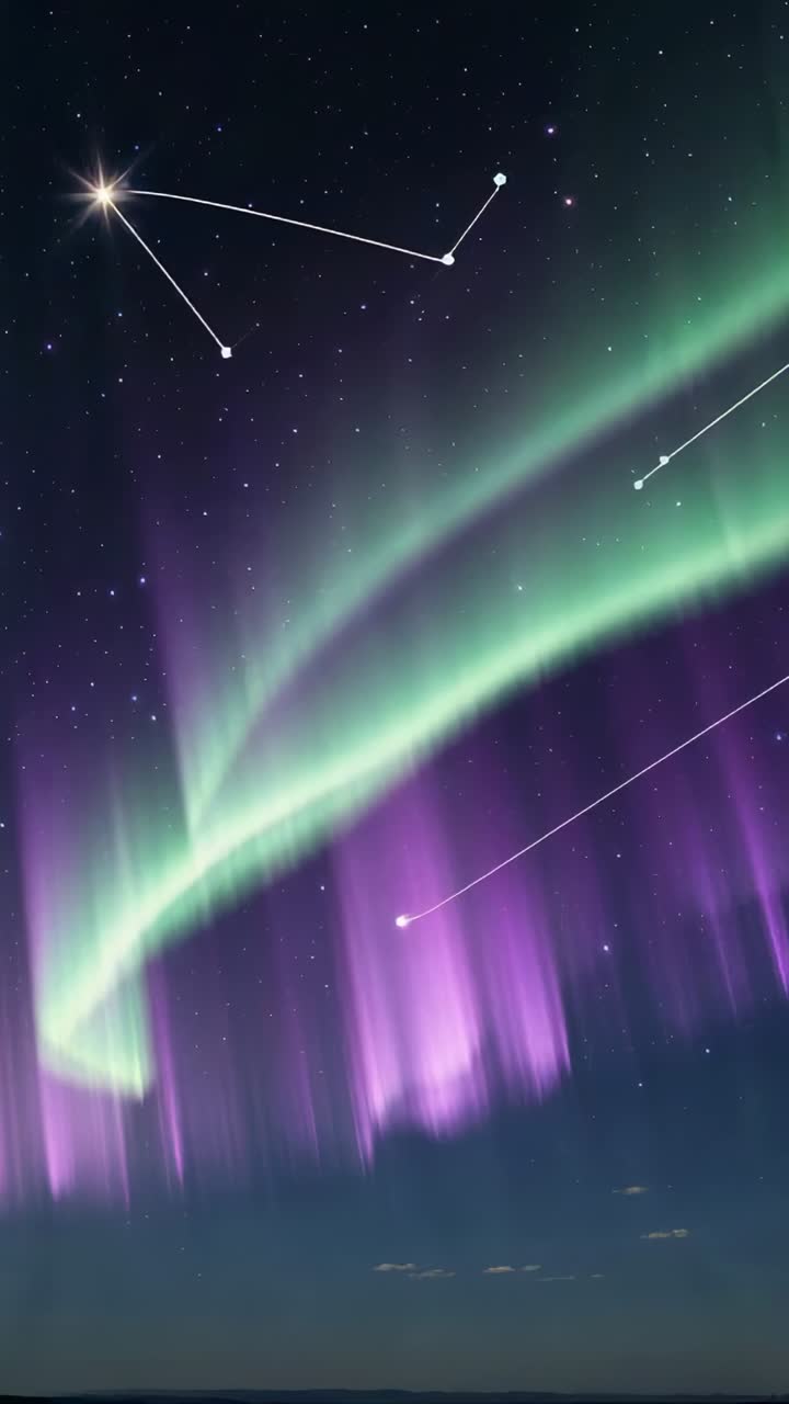 Vertical video: Green and purple aurora ribbons shifting,pulsing in sky above constellation lines