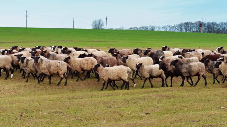 Fluffy black-muzzled sheep walk and look at camera. Green field and bare trees at backdrop.