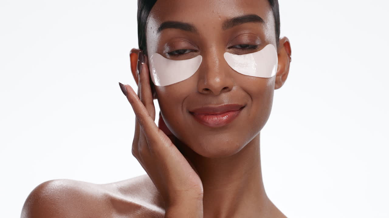 Eye mask, skincare and woman face smile