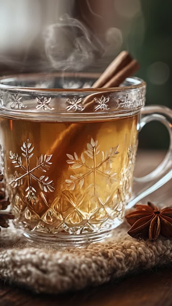 Una tazza fumante di tisana alle erbe con bastoncini di cannella, perfetta per un'atmosfera calda e invitante, ideale per il relax e il piacere