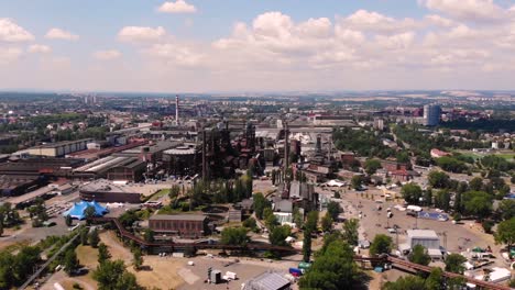 industrial historic complex aerial birds eye, drone fly forward pan shot in ostrava vitkovice, czech republic