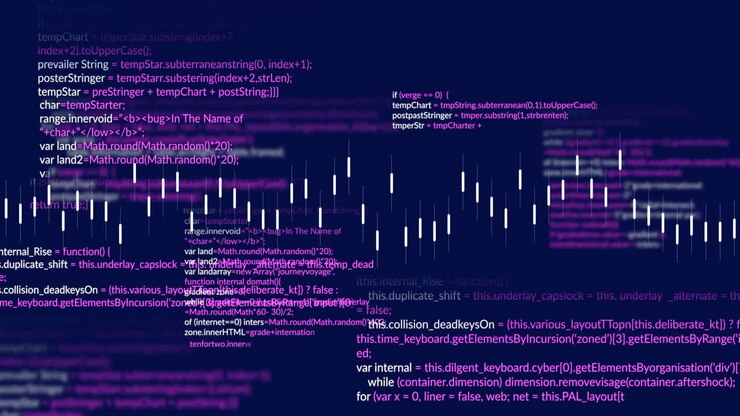 Animation of lines and programming languages moving on abstract background