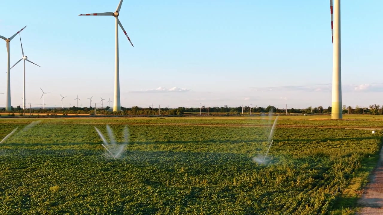 Vista da terra di un sistema di irrigazione agricola che spruzza acqua. Molteplici getti d'acqua nebulizzano un campo verde lussureggiante sotto un orizzonte azzurro e limpido con le basi delle turbine eoliche.