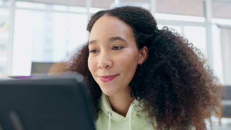 face of woman, tablet or smile in living room