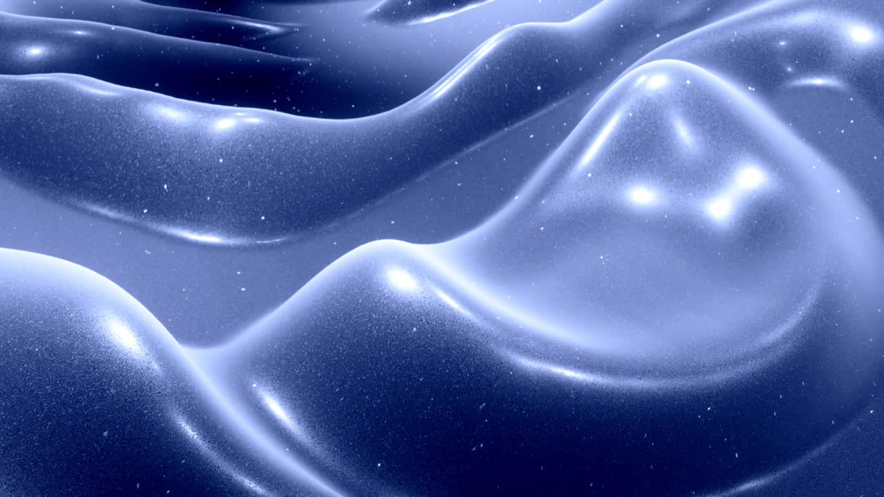 Stylish festive black bg. Fantastical abstract looped background, waves move on glossy surface like landscape made of liquid blue wax with sparkles. Beautiful soft background with smooth animation 4k