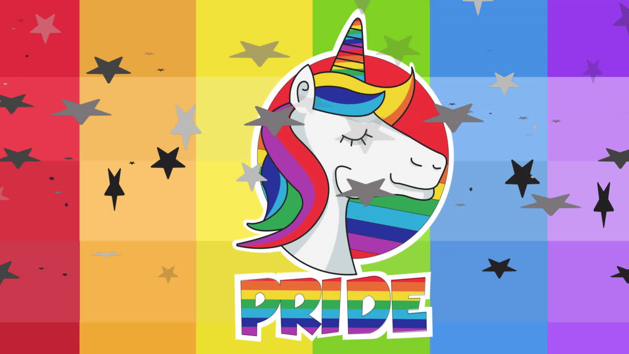 una vibrante ilustración de unicornio celebra el orgullo en un fondo colorido