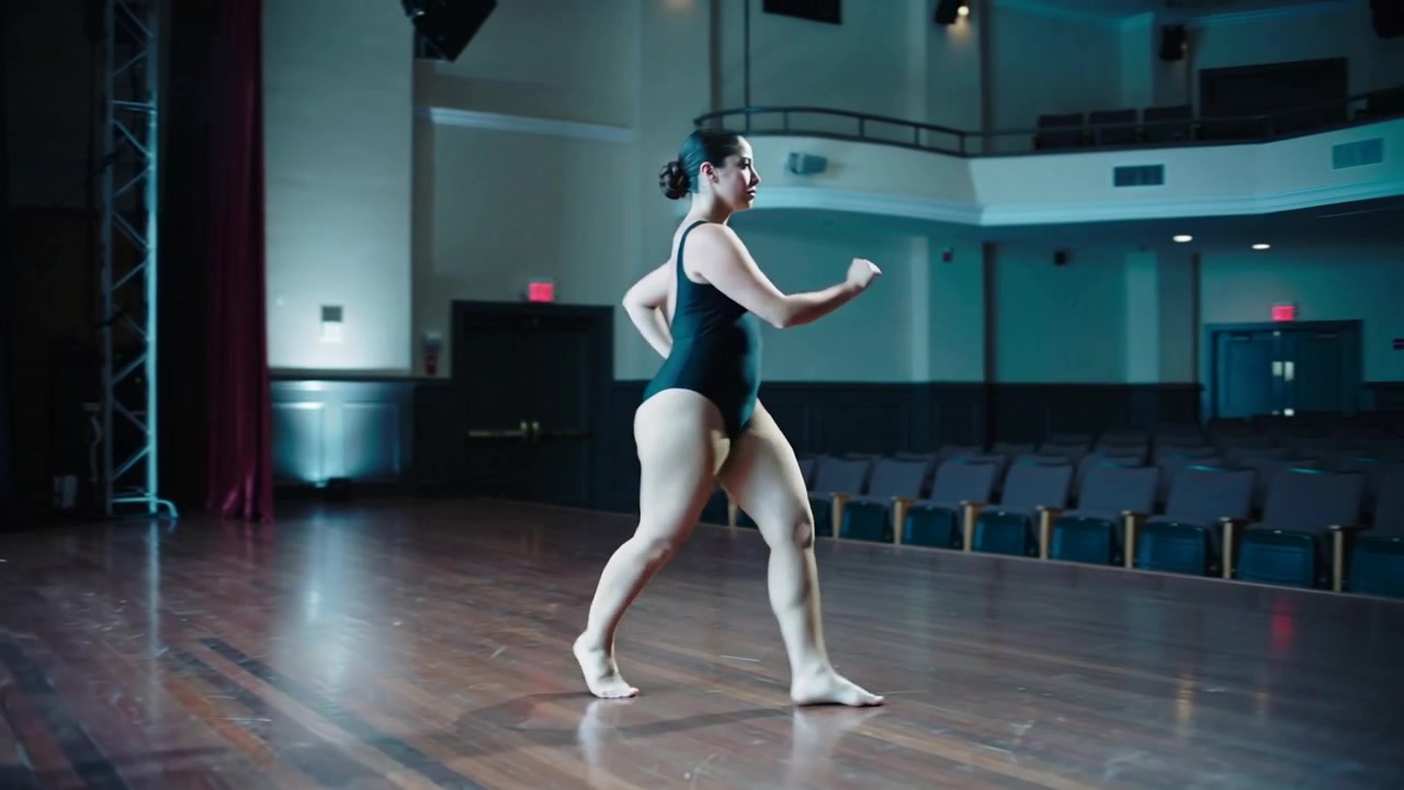 Entering from stage left dancer traveling across wooden stage, rehearsing barefoot in black leotard