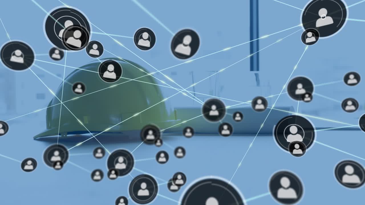 Animation of network of connections with icons over yellow hard hat and architects drawings