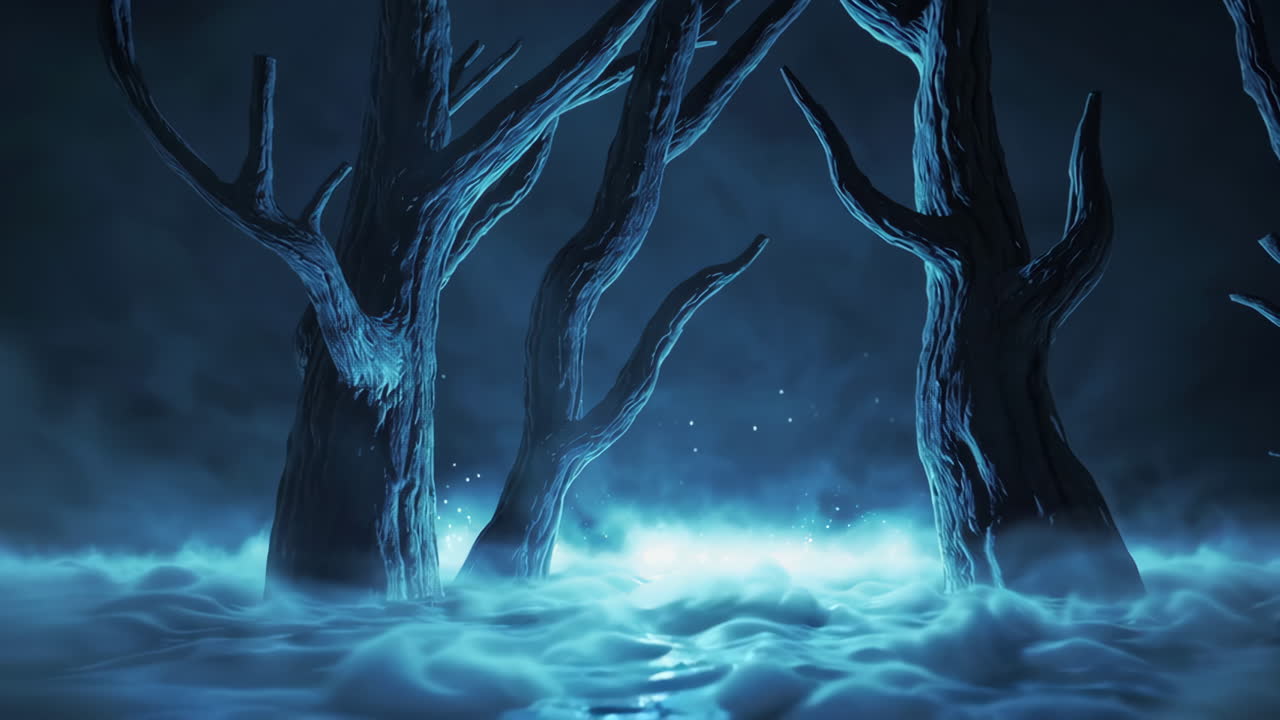 Spooky Forest at Night with Glowing Mist