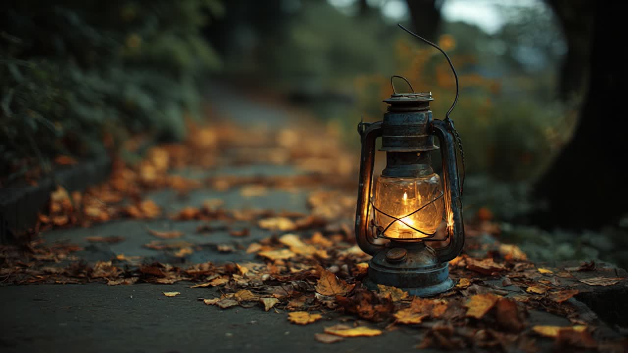 A Glowing Lantern Illuminates a Serene Pathway Blanketed with Autumn Leaves, Creating a Cozy and Tranquil Atmosphere in the Evening Light