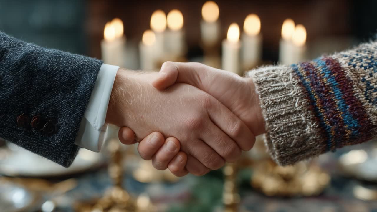 A Warm Greeting: Two Hands Shake Firmly in Front of Candles, Symbolizing Unity, Friendship, and New Beginnings in a Cozy Atmosphere During Special Occasion