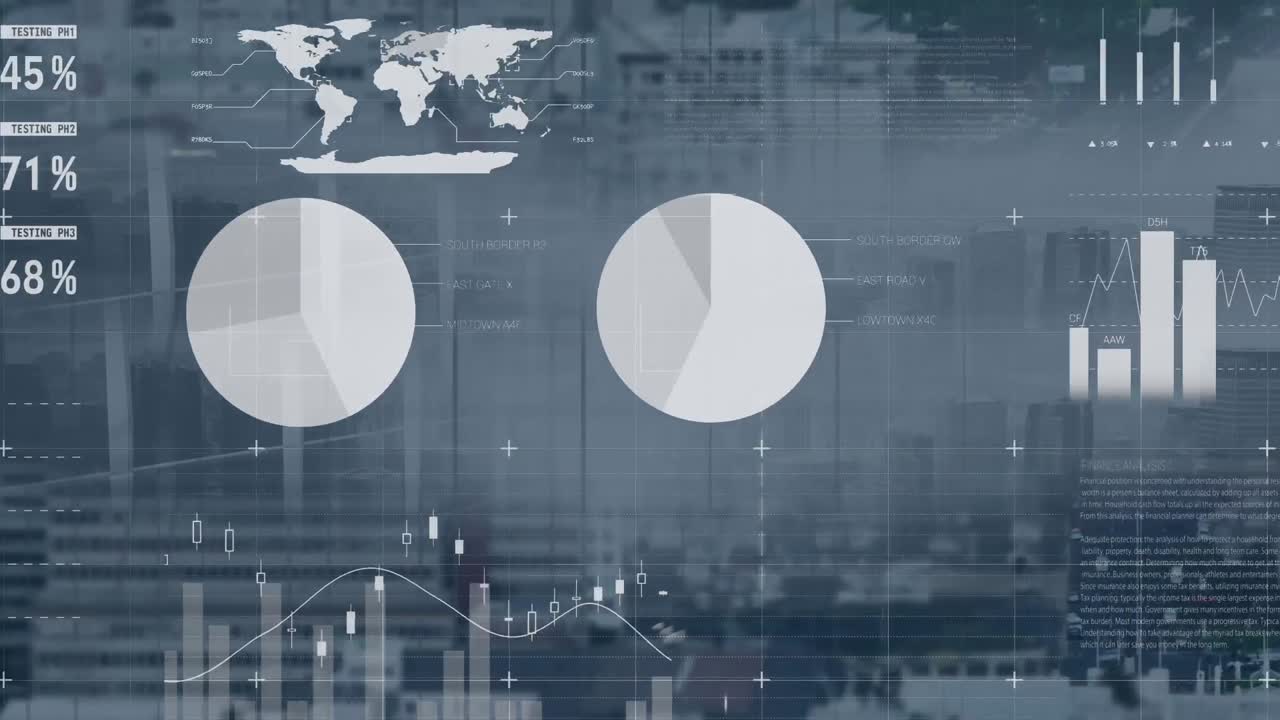 Animation of statistics and data processing over cityscape
