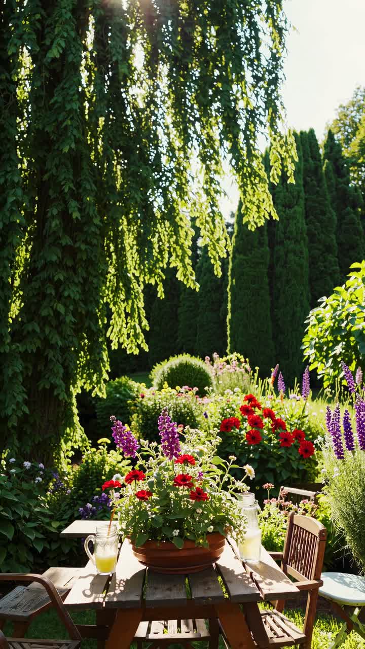 A serene garden scene with a table set for two, captured from a low angle