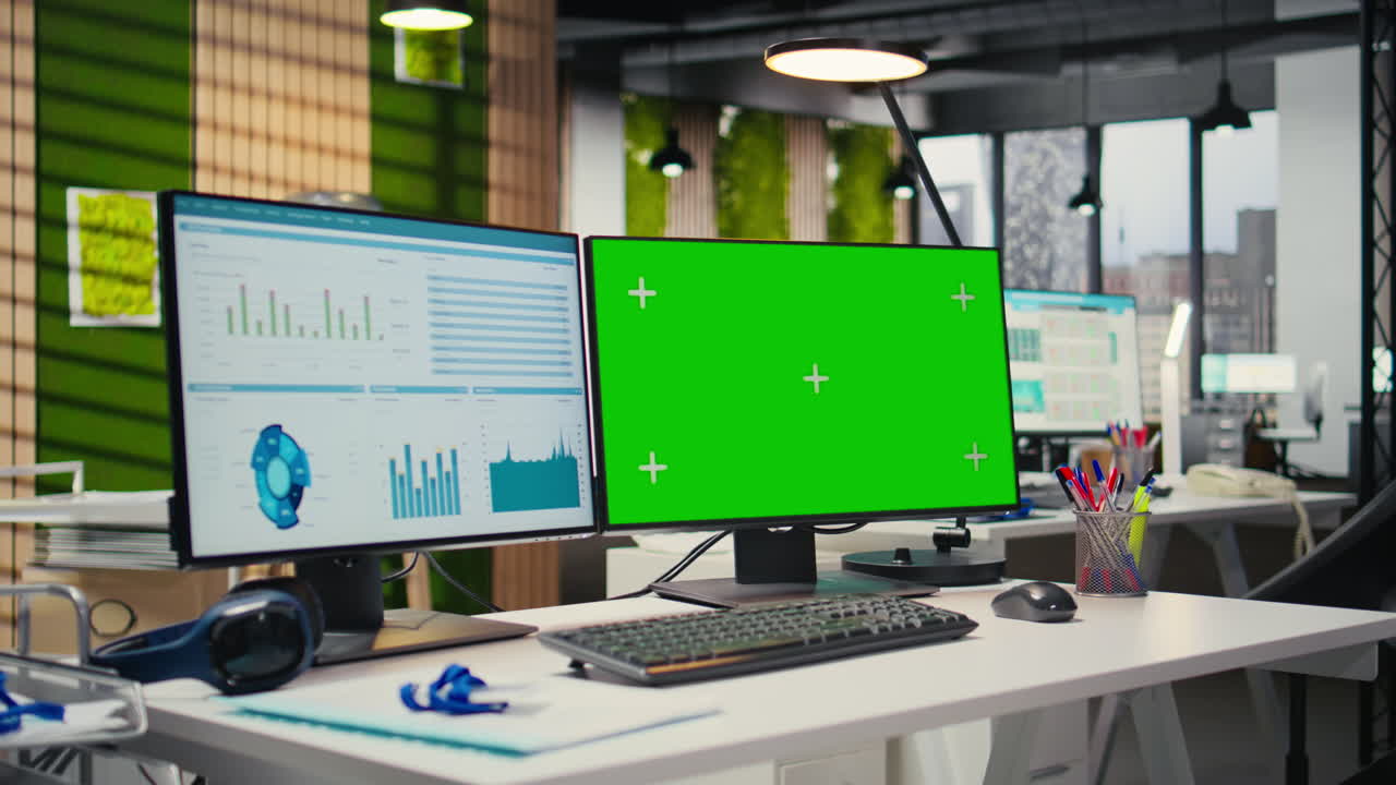 Empty office environment showcases tech tools of green screen and resources