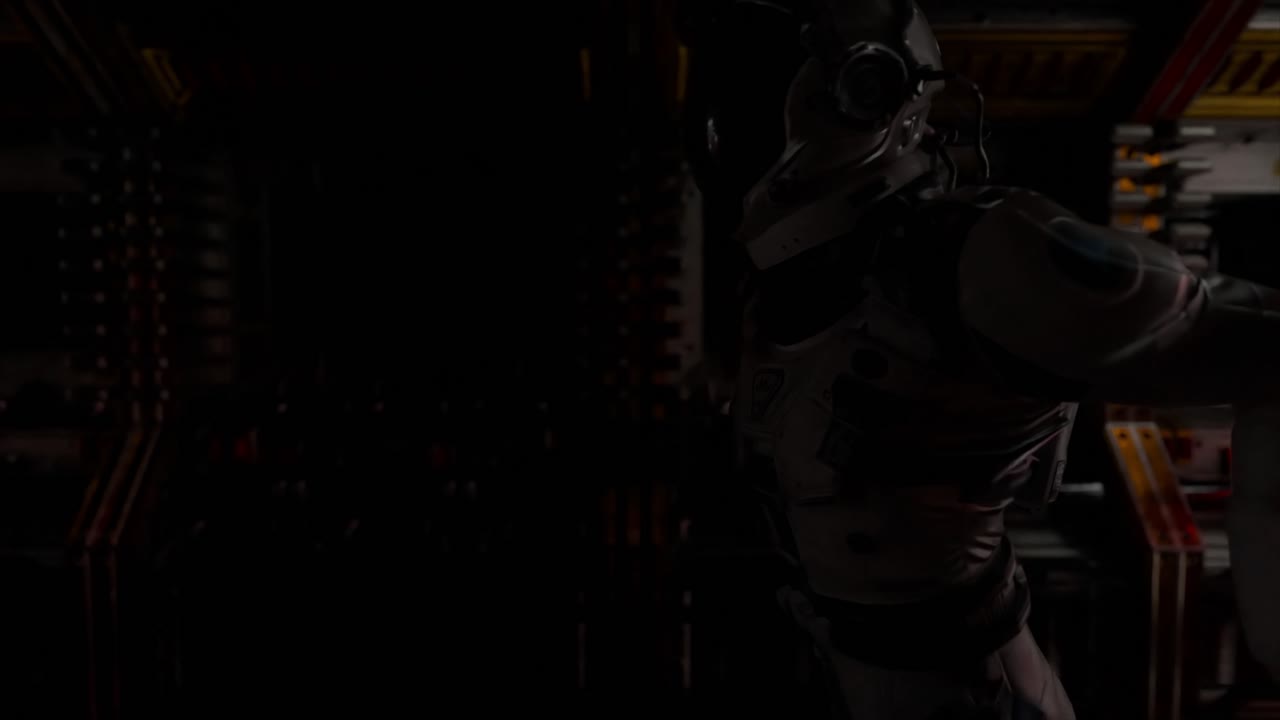 astronauta en un interior oscuro de una nave espacial