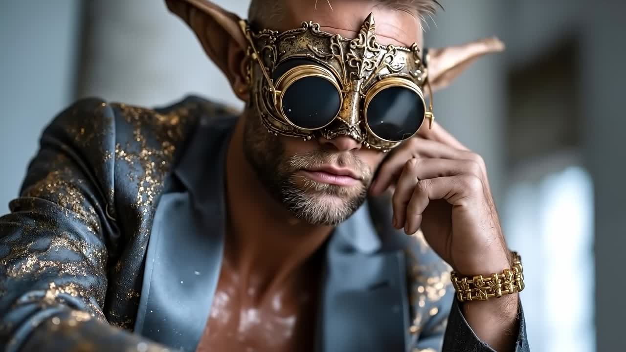 A man in a suit and goggles with a beard and mustache