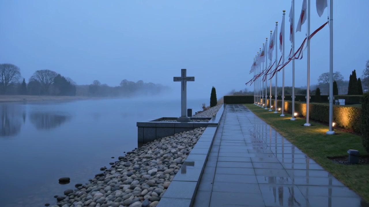 Catturando una croce di pietra e un lungomare bagnato mentre una leggera brezza fa sventolare le bandiere e la nebbia si dirada.