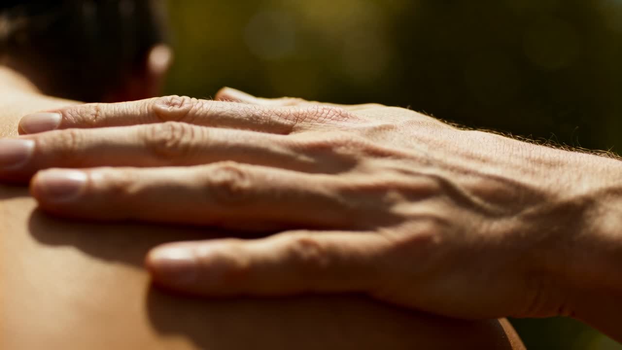 Placing veined adult hand resting on bare upper back in garden with blurred foliage bokeh