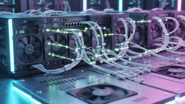 A Close-Up View of Advanced Server Racks with Multiple Cooling Fans and Colorful LED Lights in a High-Tech Data Center Environment
