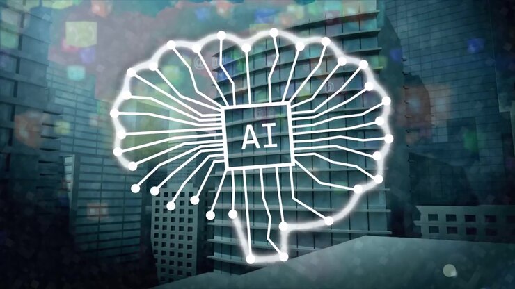 White stroke appearing, lines fanning over city, converging on AI and forming brain to show network