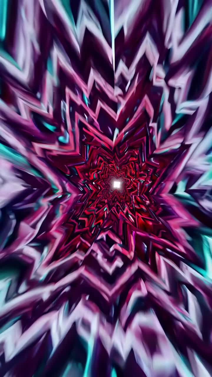 Green and red warped geometric shapes converge towards a bright center, creating a pulsating neon tunnel effect that evokes a sense of movement and energy