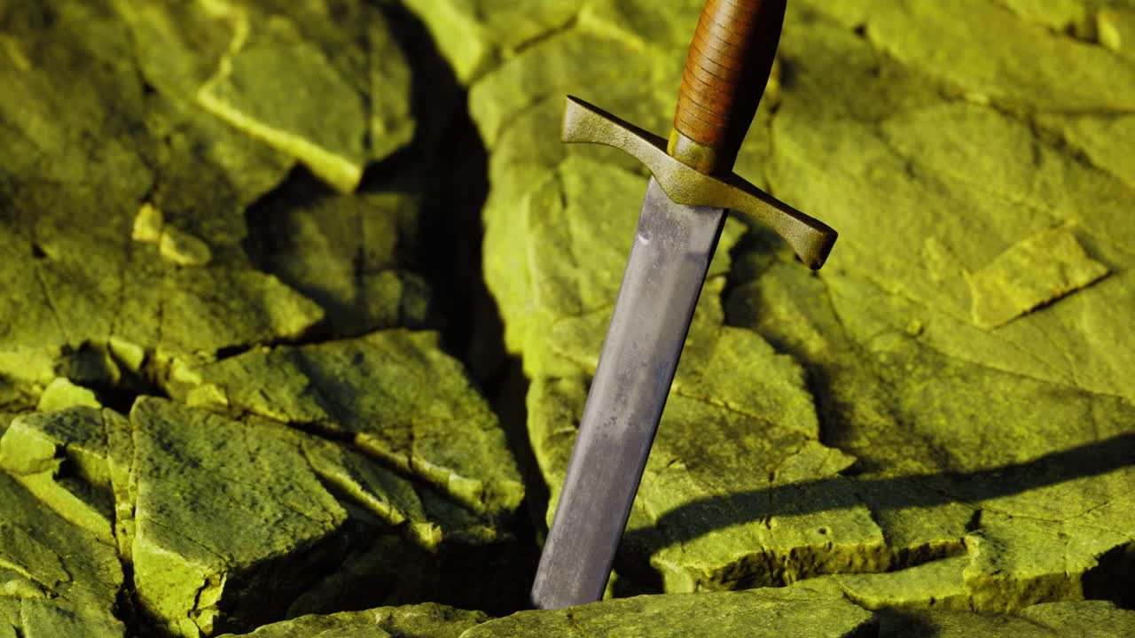 Sword embedded in cracked earth under bright sunlight at dawn