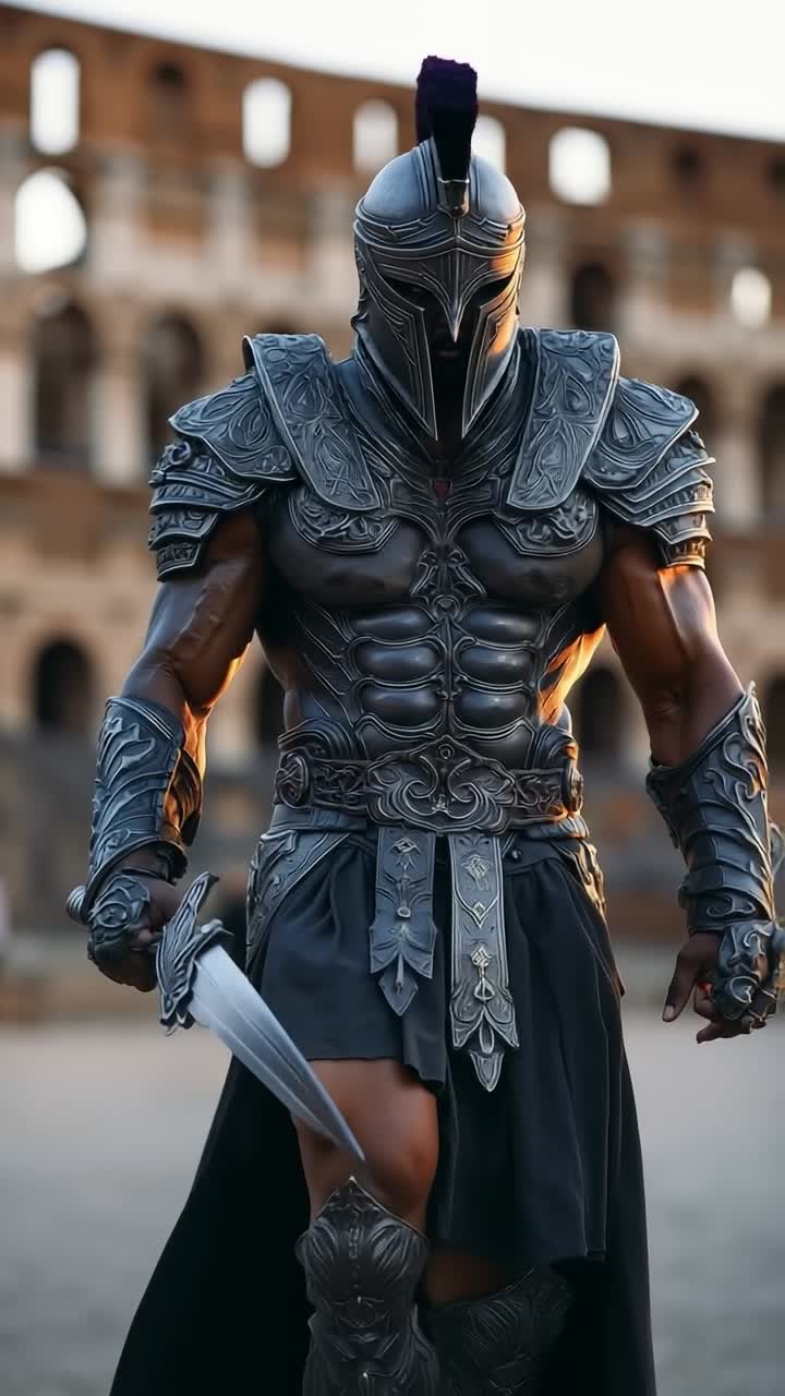 A man dressed as a spartan holding a sword in front of a colossion