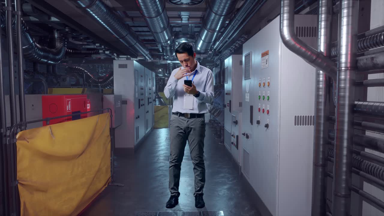 Factory worker using a smartphone in a control room